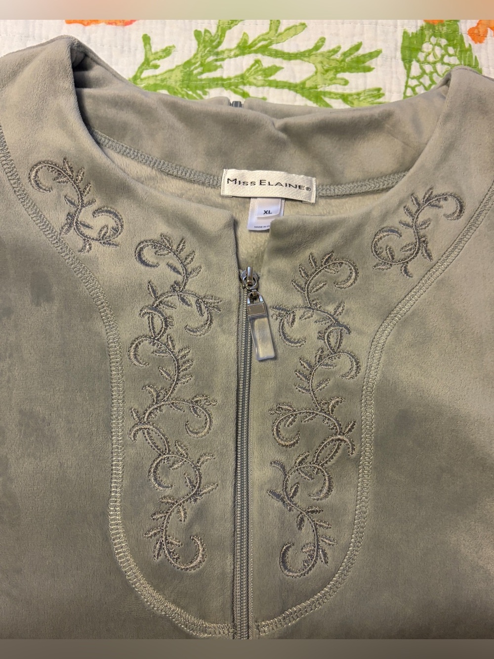 Miss Elaine Gray Embroidered Zip-Front Robe